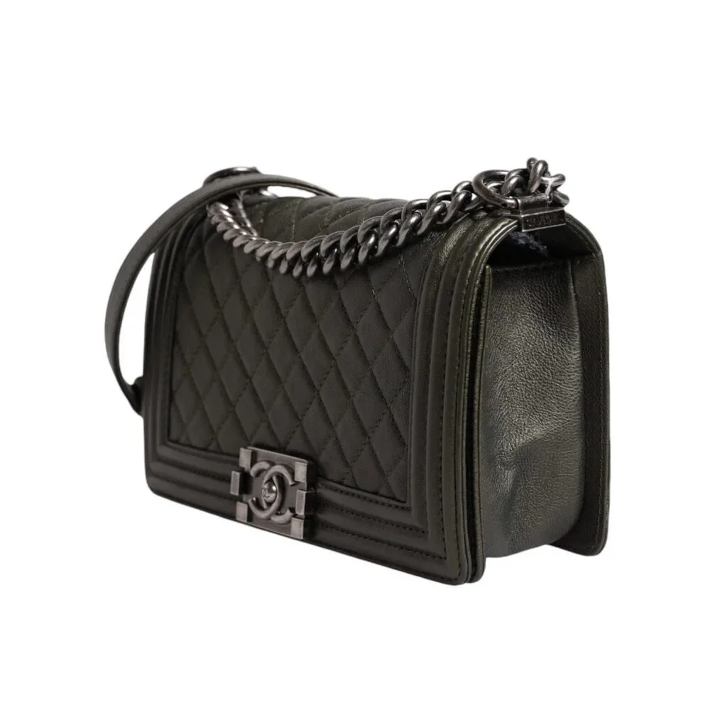 Chanel Dark Green Leather Shoulder Bag Gray Metal Purse Bag - Picture 3 of 8